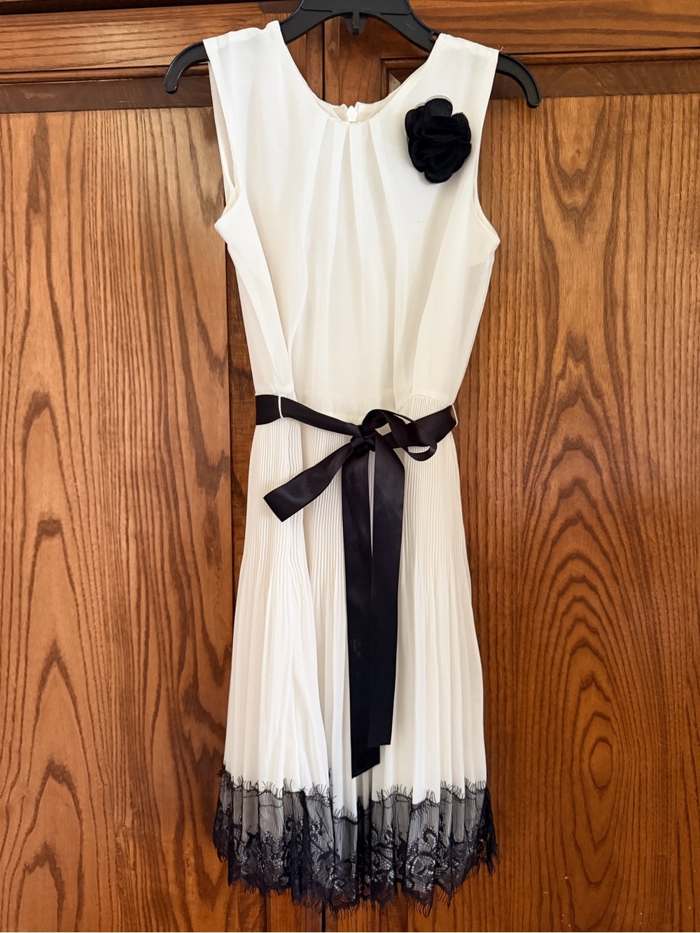 Us Angels White Pleated Dress with Black Lace Trim and Bow
